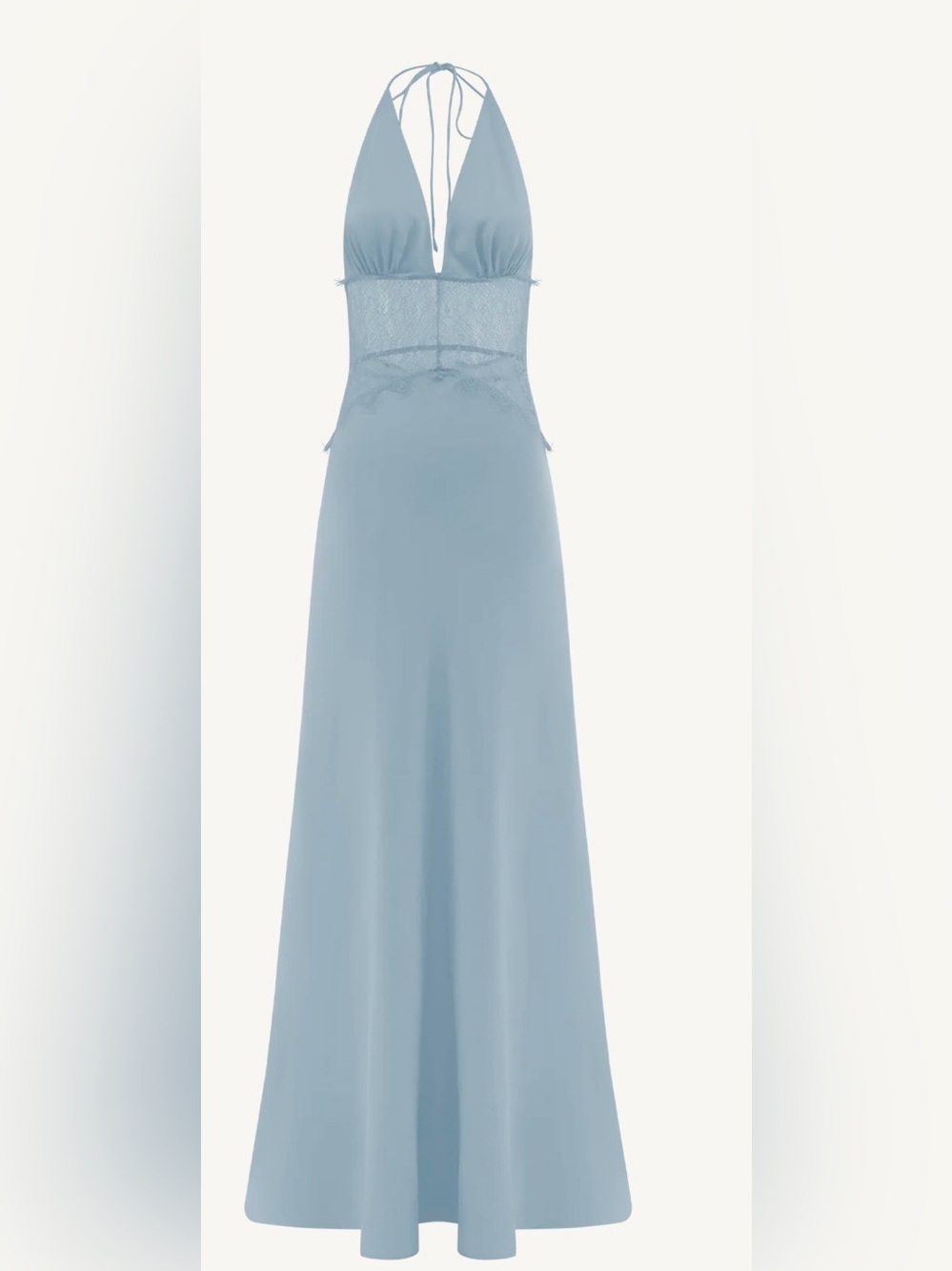 Meshki Sky Blue Halter Lace-Trim Maxi Dress